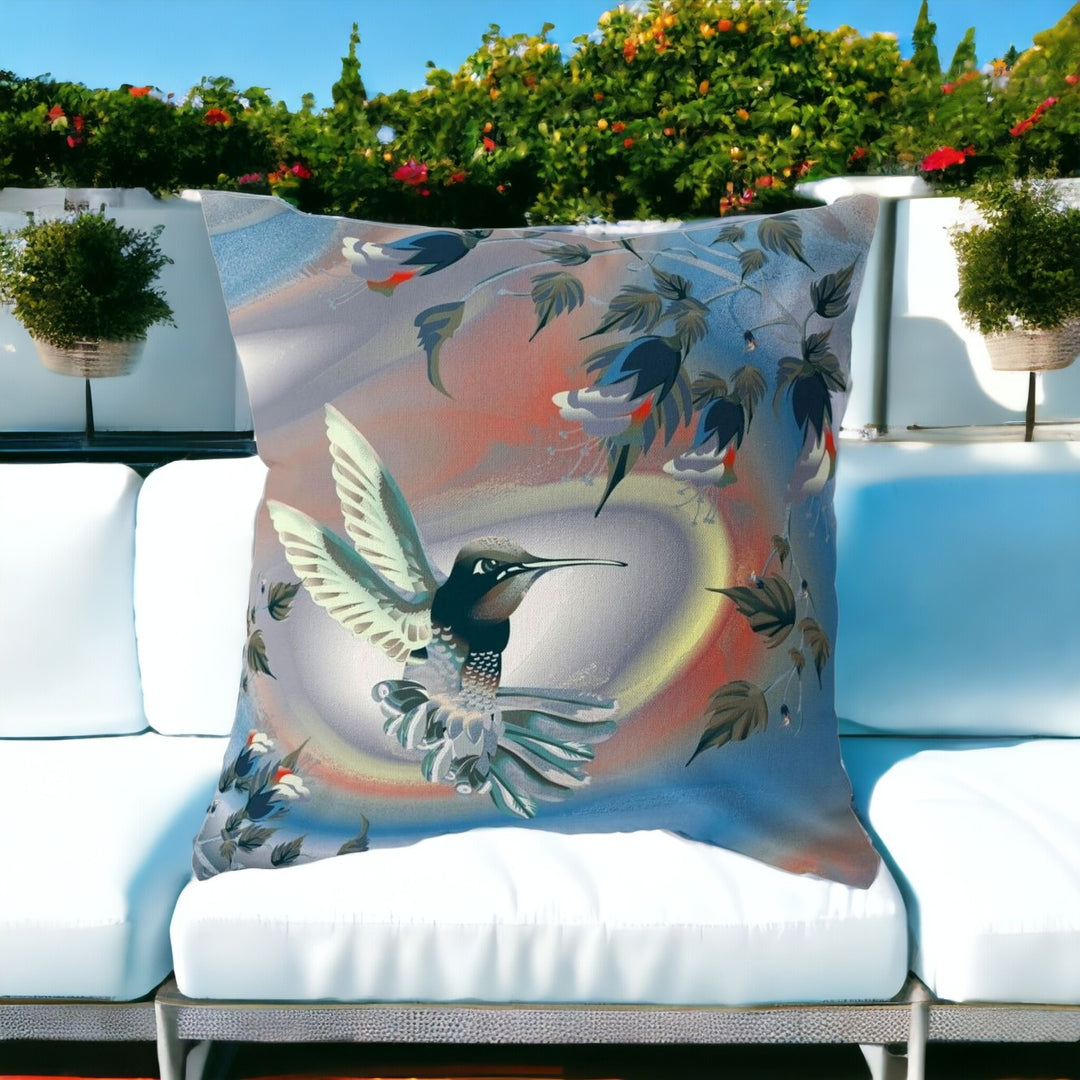 16" X 16" Blue and Gray Bird Blown Seam Floral Indoor Outdoor Throw Pillow