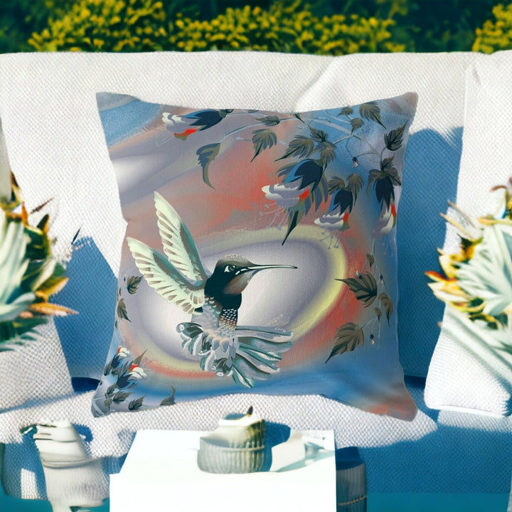 26" X 26" Blue and Gray Bird Blown Seam Floral Indoor Outdoor Throw Pillow