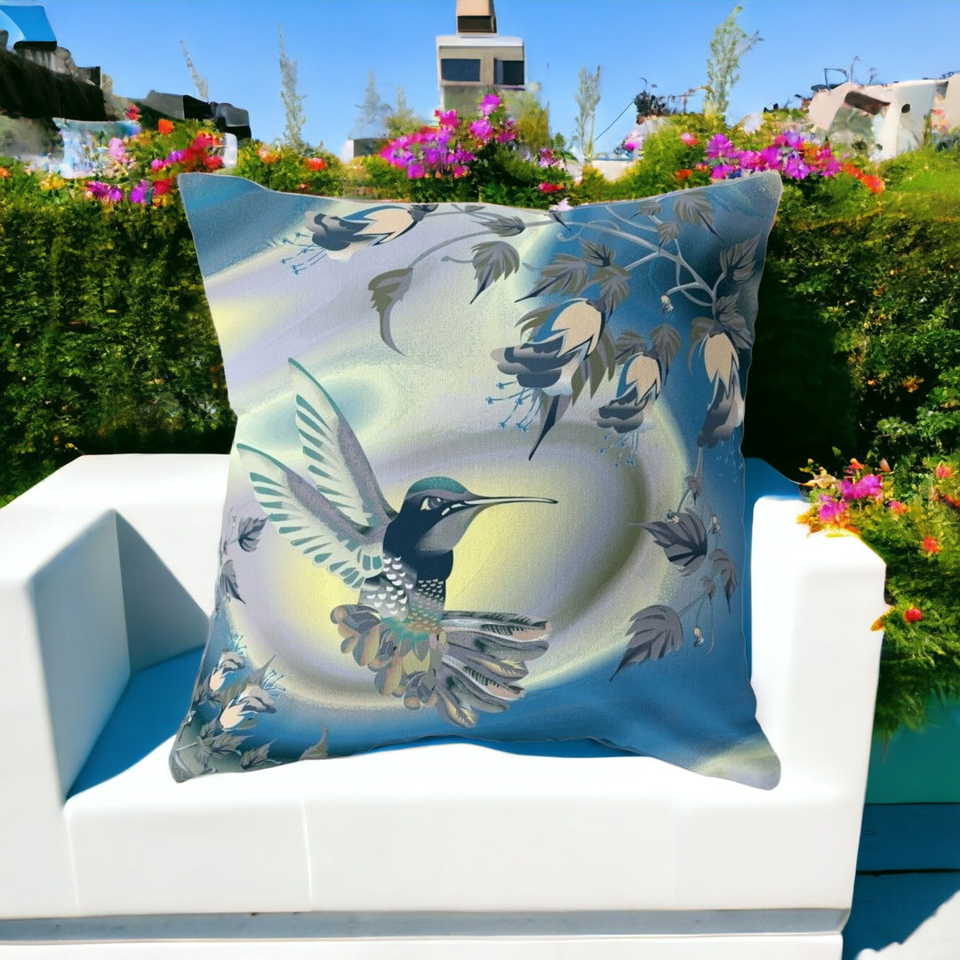 28" X 28" Blue and Yellow Bird Blown Seam Floral Indoor Outdoor Throw Pillow