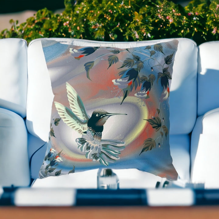 16" X 16" Blue and Gray Bird Blown Seam Floral Indoor Outdoor Throw Pillow