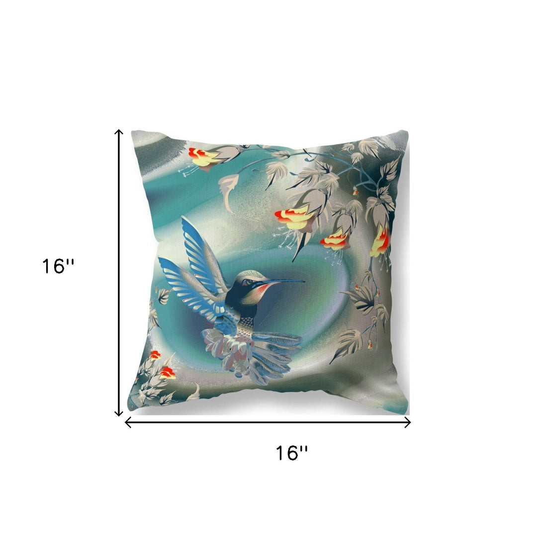 16" X 16" Blue and Gray Bird Blown Seam Floral Indoor Outdoor Throw Pillow