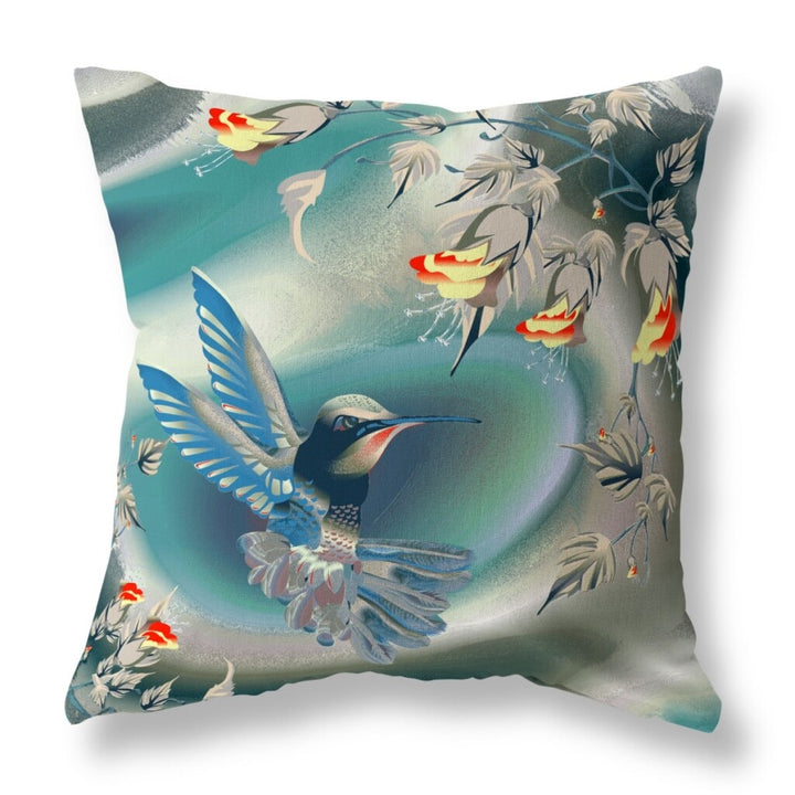 16" X 16" Blue and Gray Bird Blown Seam Floral Indoor Outdoor Throw Pillow