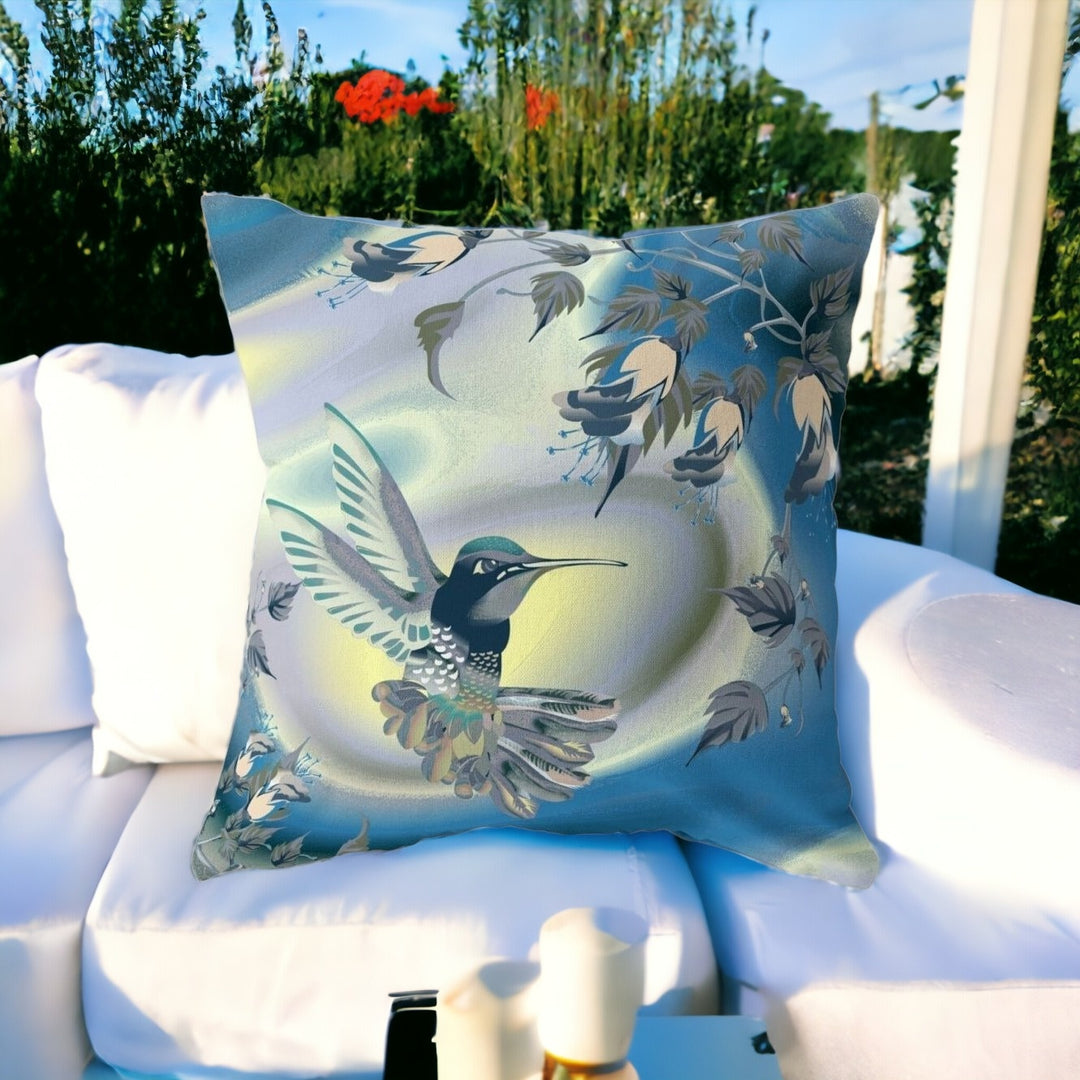 26" X 26" Blue and Yellow Bird Blown Seam Floral Indoor Outdoor Throw Pillow