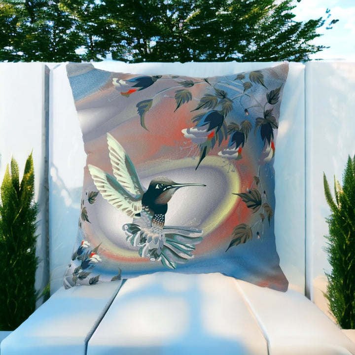 18" X 18" Blue and Gray Bird Blown Seam Floral Indoor Outdoor Throw Pillow