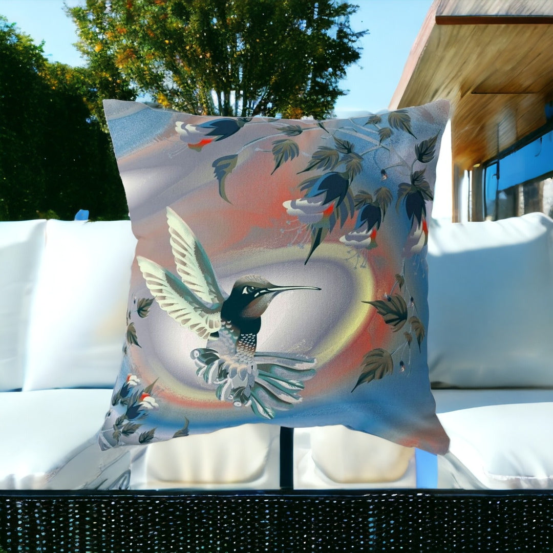 28" X 28" Blue and Gray Bird Blown Seam Floral Indoor Outdoor Throw Pillow