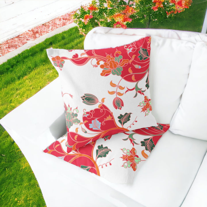 Set of Two 16" X 16" Red and White Blown Seam Floral Indoor Outdoor Throw Pillows