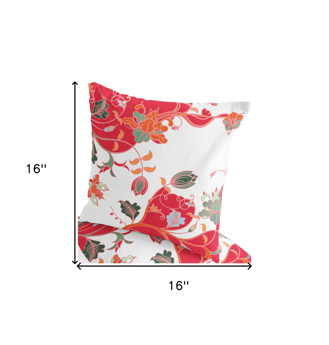 Set of Two 16" X 16" Red and White Blown Seam Floral Indoor Outdoor Throw Pillows