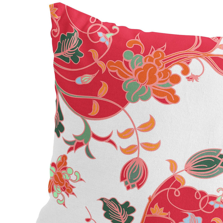 Set of Two 16" X 16" Red and White Blown Seam Floral Indoor Outdoor Throw Pillows