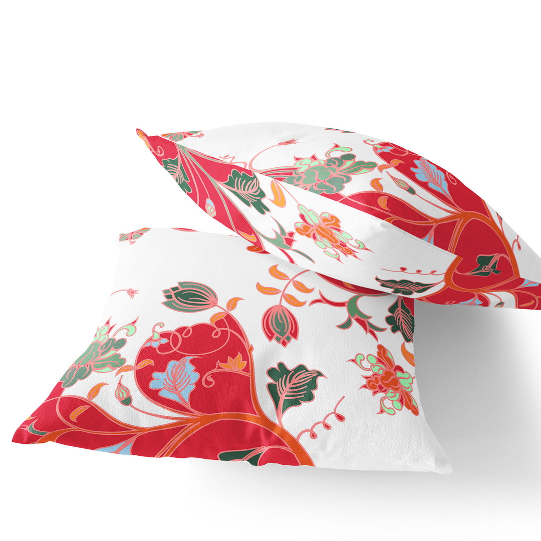 Set of Two 16" X 16" Red and White Blown Seam Floral Indoor Outdoor Throw Pillows