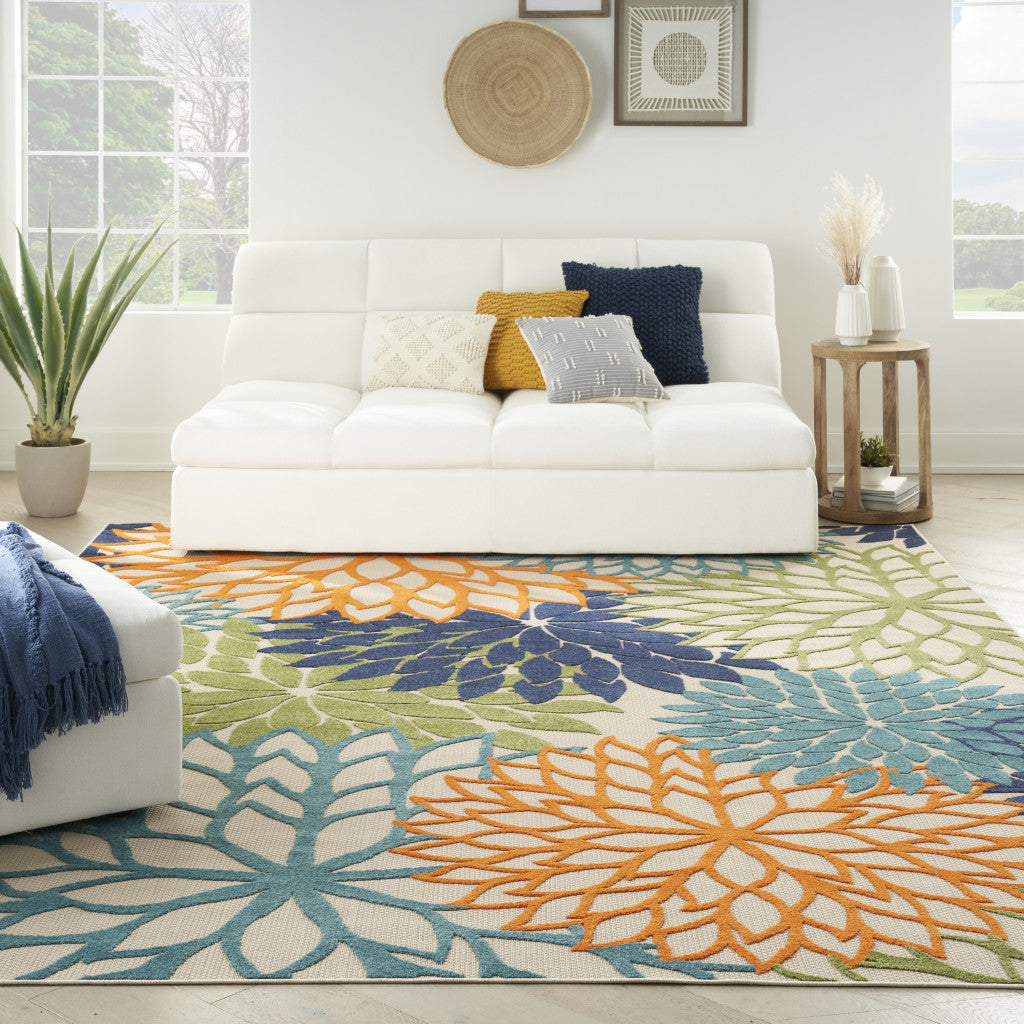 12' X 15' Blue And Green Floral Power Loom Area Rug