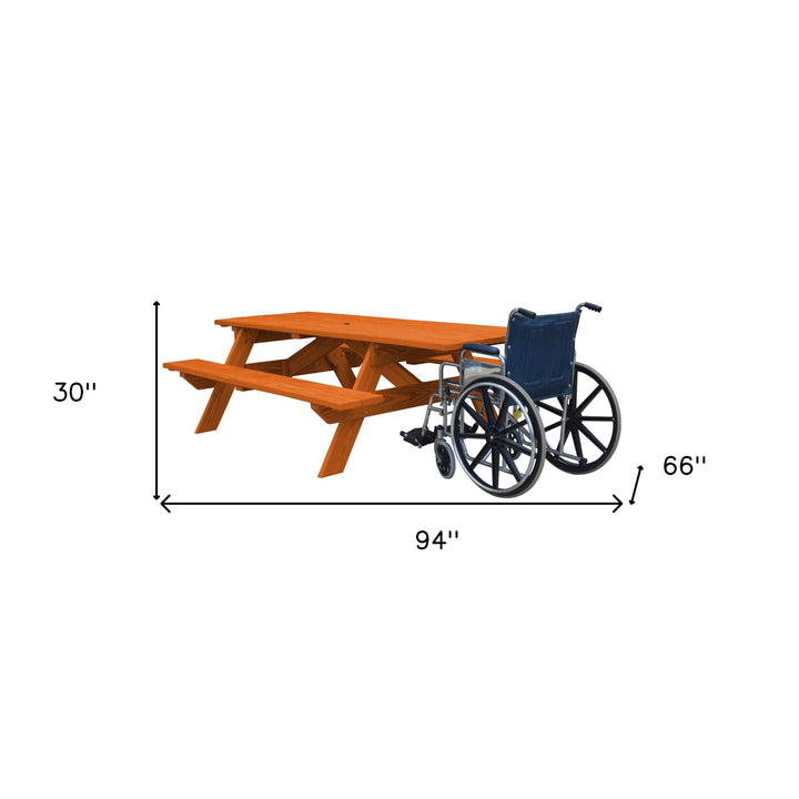 94" Redwood Solid Wood Outdoor Picnic Table with Umbrella Hole