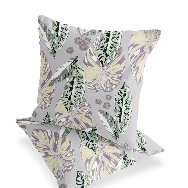 Set of Two 16" X 16" Gray and Purple Blown Seam Botanical Indoor Outdoor Throw Pillow