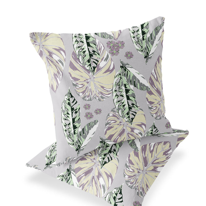 Set of Two 16" X 16" Gray and Purple Blown Seam Botanical Indoor Outdoor Throw Pillow