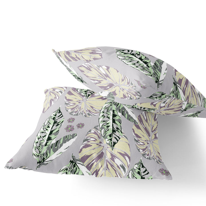 Set of Two 16" X 16" Gray and Purple Blown Seam Botanical Indoor Outdoor Throw Pillow