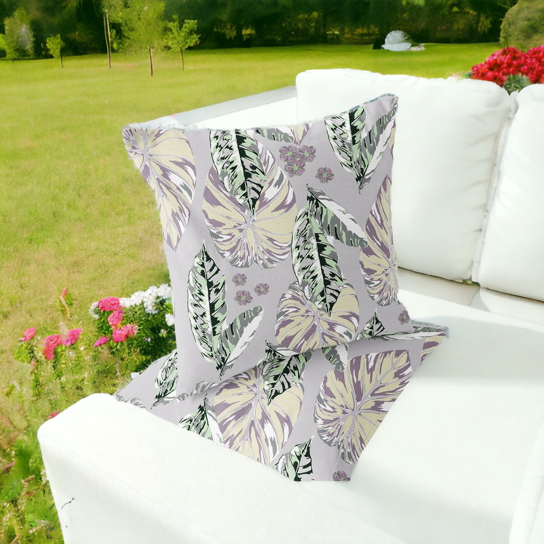 Set of Two 16" X 16" Gray and Purple Blown Seam Botanical Indoor Outdoor Throw Pillow