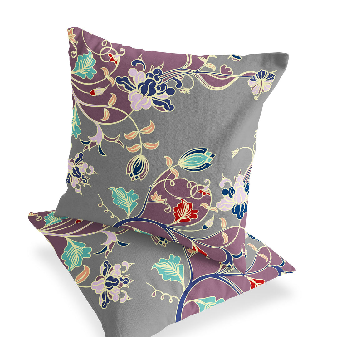 Set of Two 16" X 16" Gray and Purple Blown Seam Floral Indoor Outdoor Throw Pillow