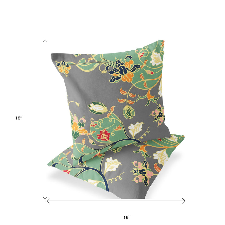 Set of Two 16" X 16" Gray and Orange Blown Seam Floral Indoor Outdoor Throw Pillow