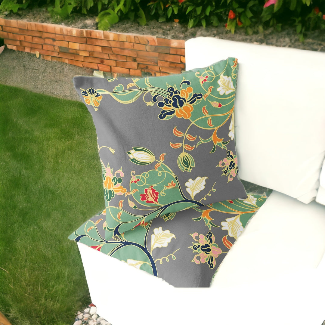 Set of Two 16" X 16" Gray and Orange Blown Seam Floral Indoor Outdoor Throw Pillow