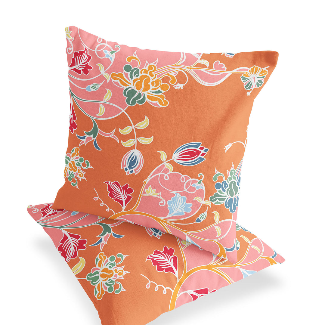 Set of Two 16" X 16" Pink and Orange Blown Seam Floral Indoor Outdoor Throw Pillows