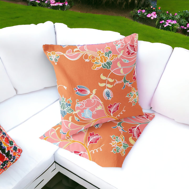 Set of Two 16" X 16" Pink and Orange Blown Seam Floral Indoor Outdoor Throw Pillows