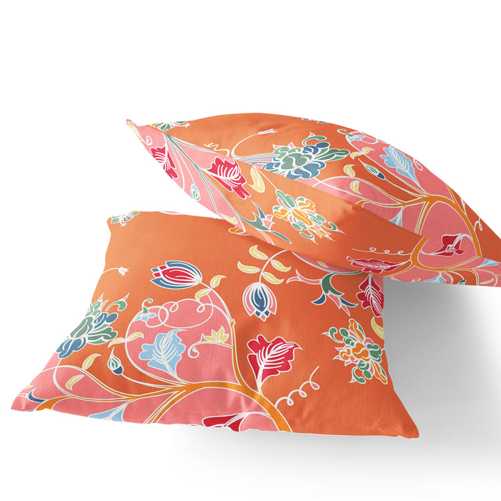 Set of Two 16" X 16" Pink and Orange Blown Seam Floral Indoor Outdoor Throw Pillows