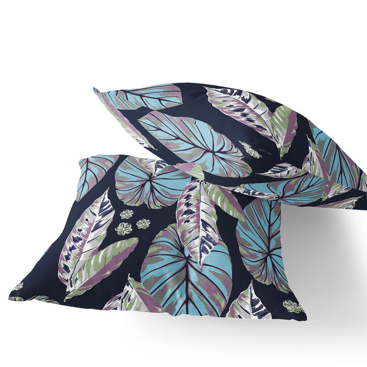 Set of Two 16" X 16" Blue and Purple Blown Seam Botanical Indoor Outdoor Throw Pillow