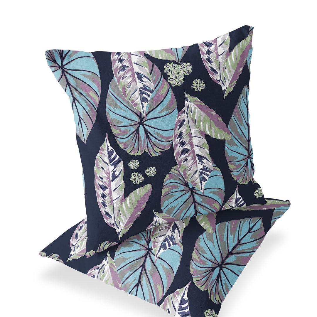 Set of Two 16" X 16" Blue and Purple Blown Seam Botanical Indoor Outdoor Throw Pillow