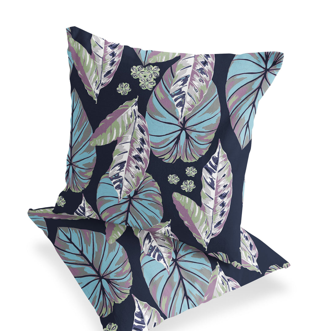 Set of Two 16" X 16" Blue and Purple Blown Seam Botanical Indoor Outdoor Throw Pillow