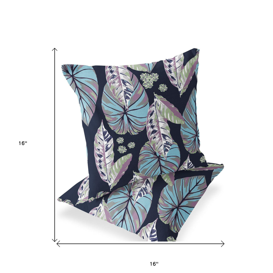 Set of Two 16" X 16" Blue and Purple Blown Seam Botanical Indoor Outdoor Throw Pillow