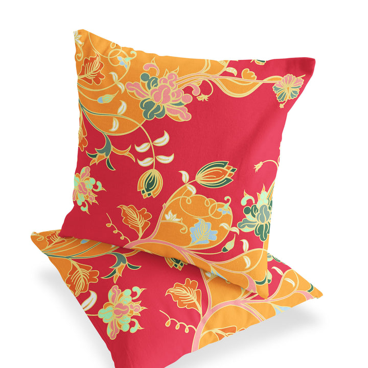 Set of Two 16" X 16" Green and Red Blown Seam Floral Indoor Outdoor Throw Pillow