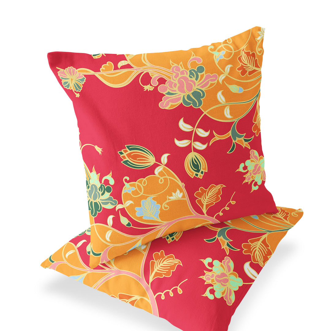 Set of Two 16" X 16" Green and Red Blown Seam Floral Indoor Outdoor Throw Pillow