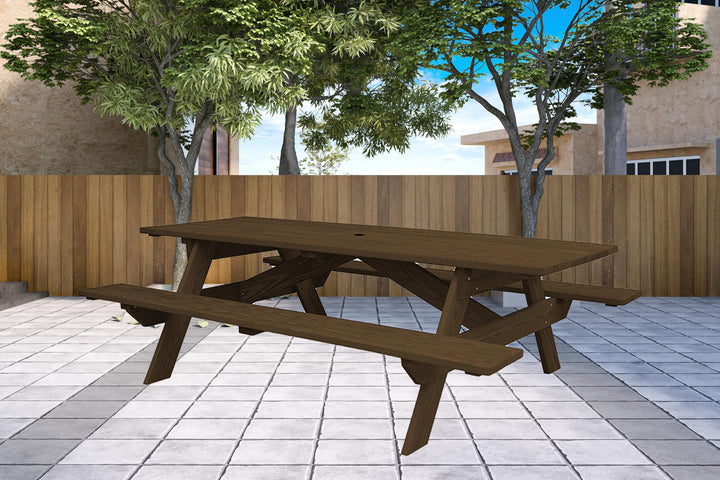 94" Dark Brown Solid Wood Outdoor Picnic Table with Umbrella Hole