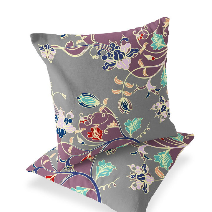 Set of Two 16" X 16" Gray and Purple Blown Seam Floral Indoor Outdoor Throw Pillow