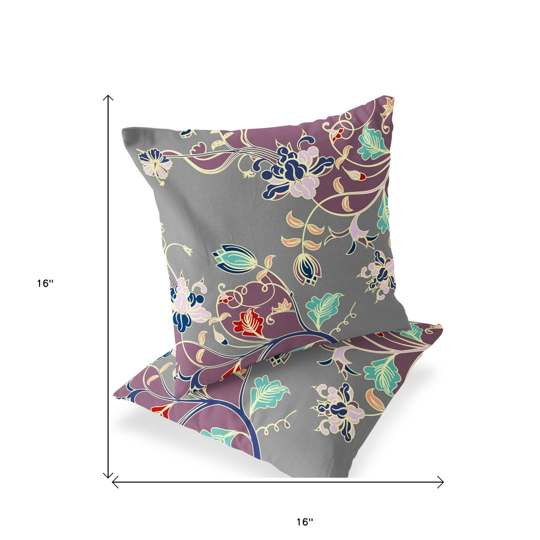 Set of Two 16" X 16" Gray and Purple Blown Seam Floral Indoor Outdoor Throw Pillow