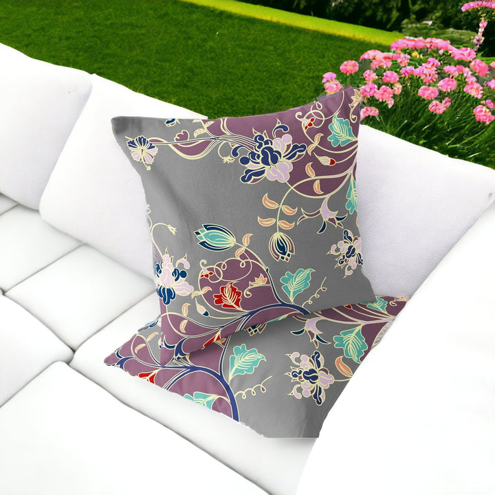 Set of Two 16" X 16" Gray and Purple Blown Seam Floral Indoor Outdoor Throw Pillow