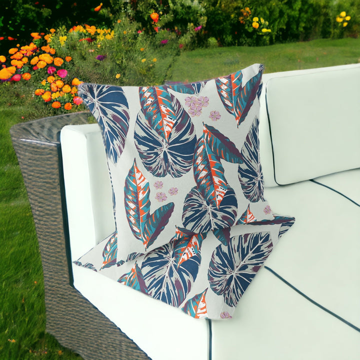 Set of Two 16" X 16" Blue and Gray Blown Seam Botanical Indoor Outdoor Throw Pillow