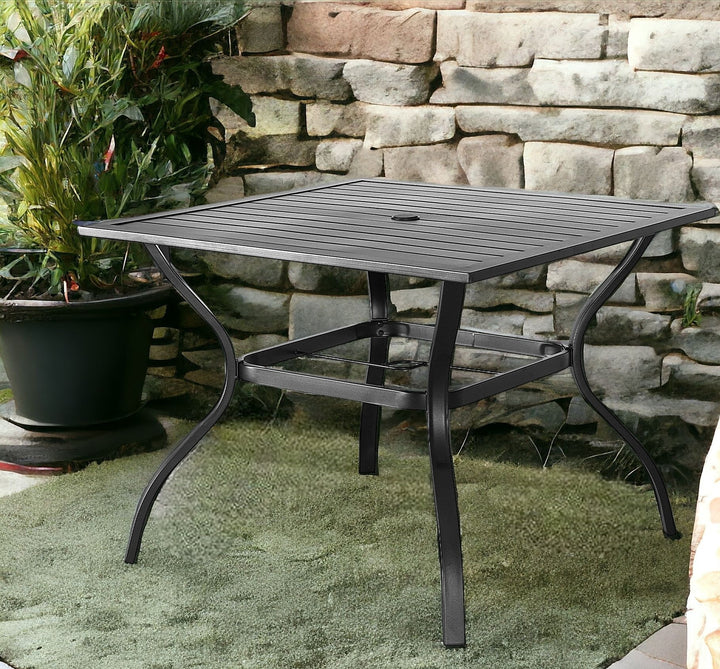 37" Black Square Metal Outdoor Dining Table With Umbrella Hole