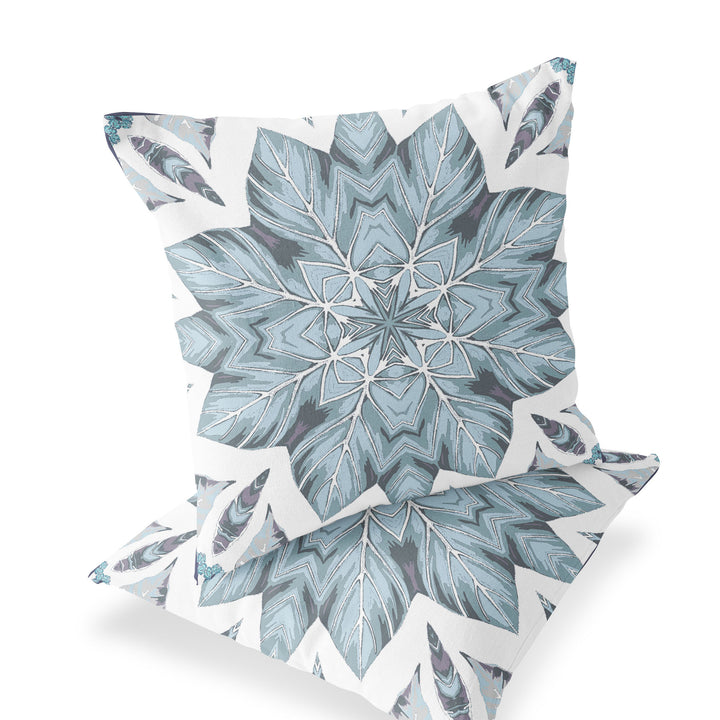 Set of Two 16" X 16" Blue and White Blown Seam Eclectic Indoor Outdoor Throw Pillow