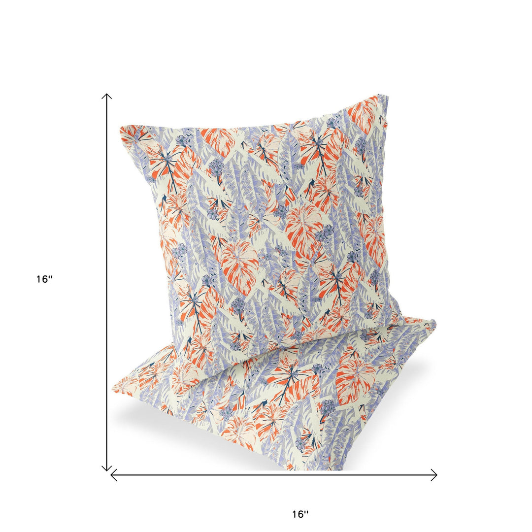 Set of Two 16" X 16" Orange and Ivory Blown Seam Botanical Indoor Outdoor Throw Pillow