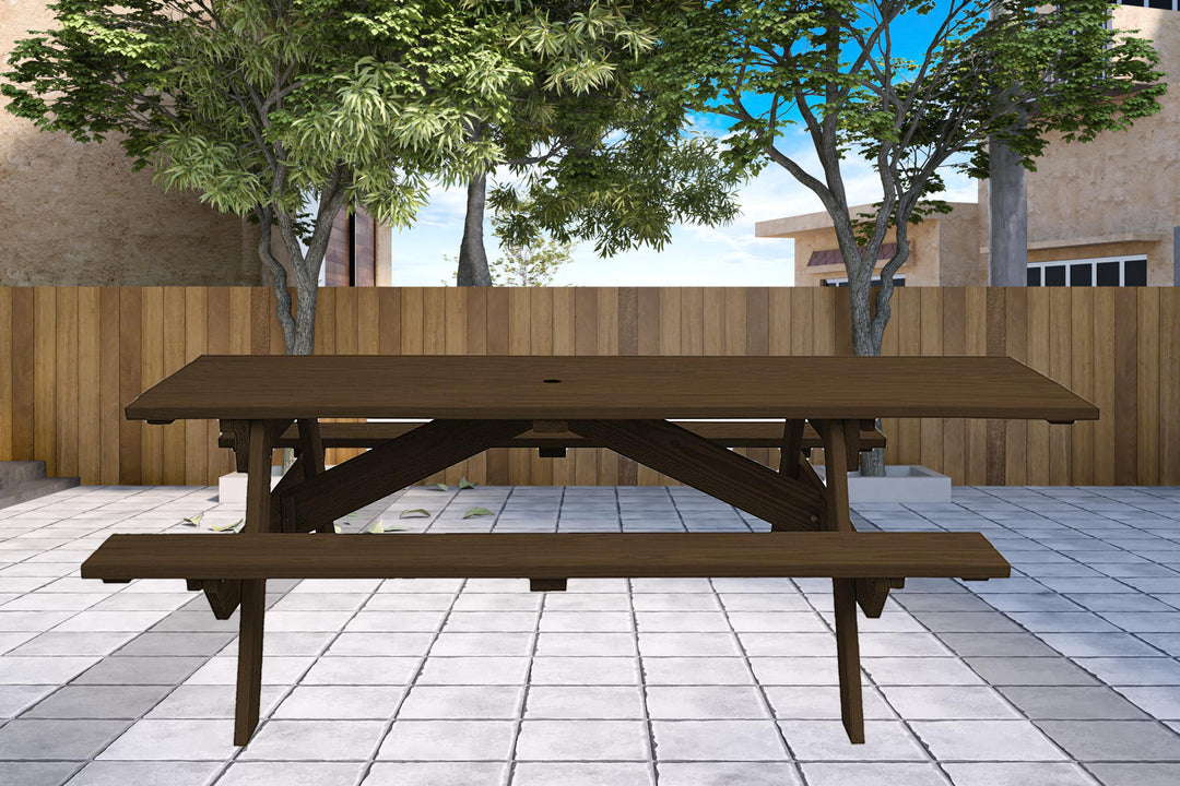 94" Dark Brown Solid Wood Outdoor Picnic Table with Umbrella Hole