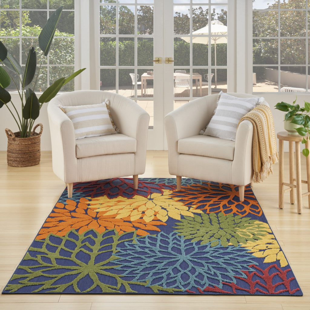 4' X 6' Blue And Orange Floral Power Loom Area Rug