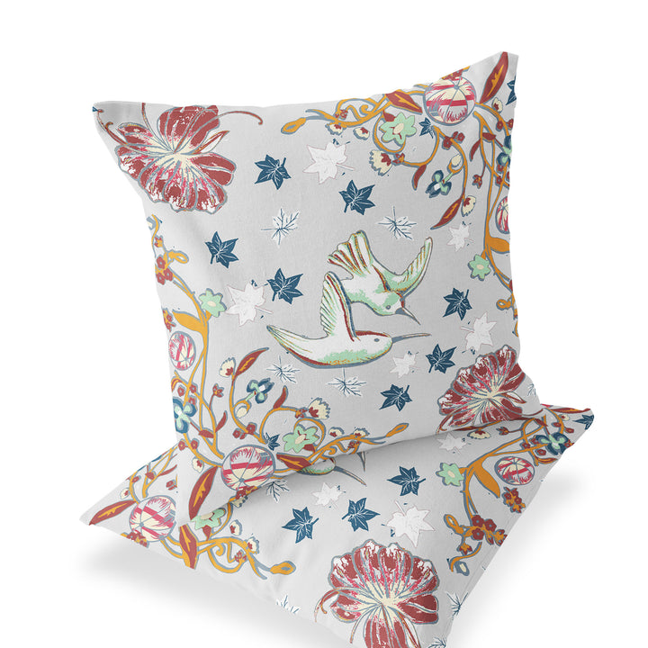 Set of Two 16" X 16" Gray and Blue Bird Blown Seam Floral Indoor Outdoor Throw Pillow