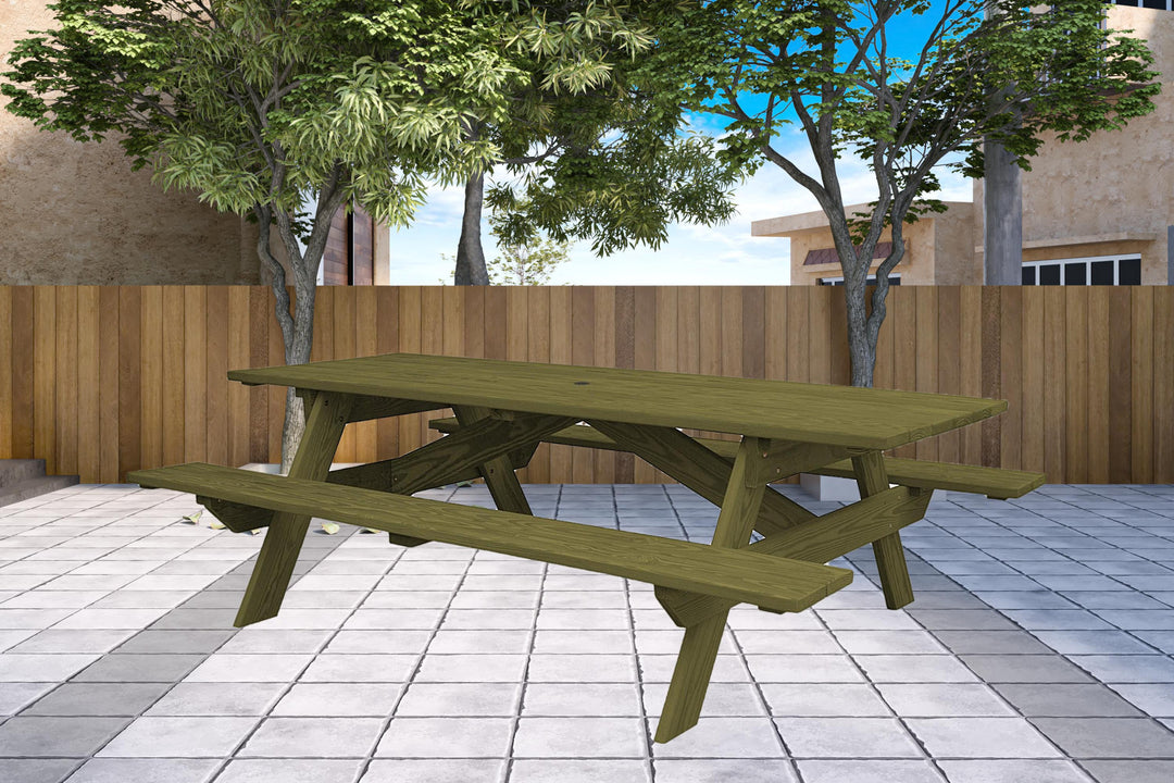 94" Green Solid Wood Outdoor Picnic Table with Umbrella Hole