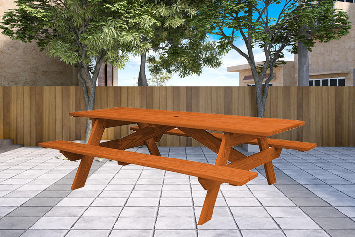 94" Redwood Solid Wood Outdoor Picnic Table with Umbrella Hole