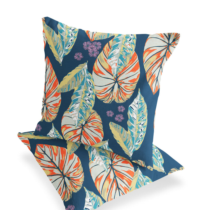 Set of Two 16" X 16" Blue and Orange Blown Seam Botanical Indoor Outdoor Throw Pillow