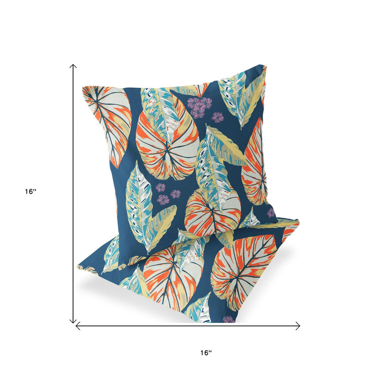 Set of Two 16" X 16" Blue and Orange Blown Seam Botanical Indoor Outdoor Throw Pillow