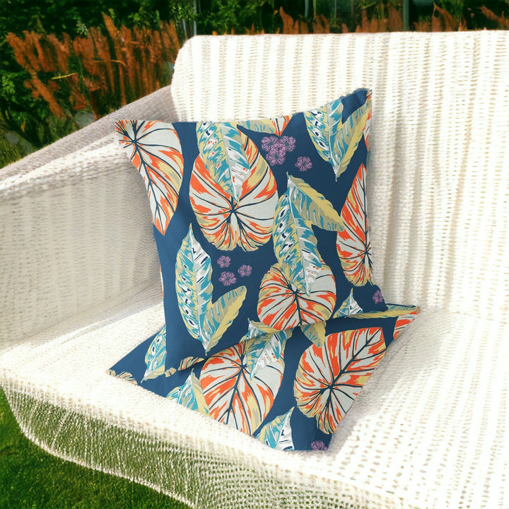 Set of Two 16" X 16" Blue and Orange Blown Seam Botanical Indoor Outdoor Throw Pillow