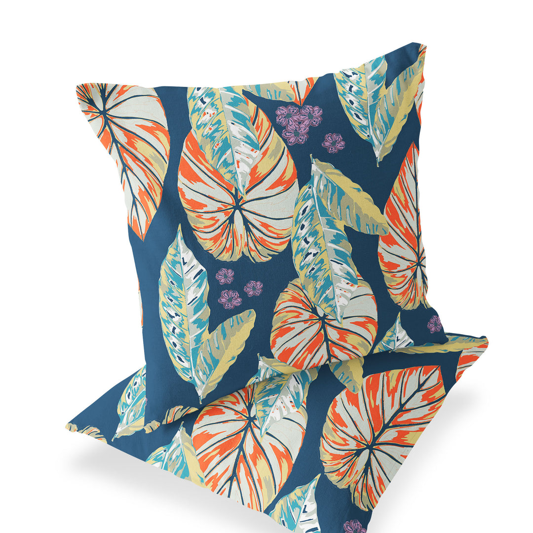 Set of Two 16" X 16" Blue and Orange Blown Seam Botanical Indoor Outdoor Throw Pillow