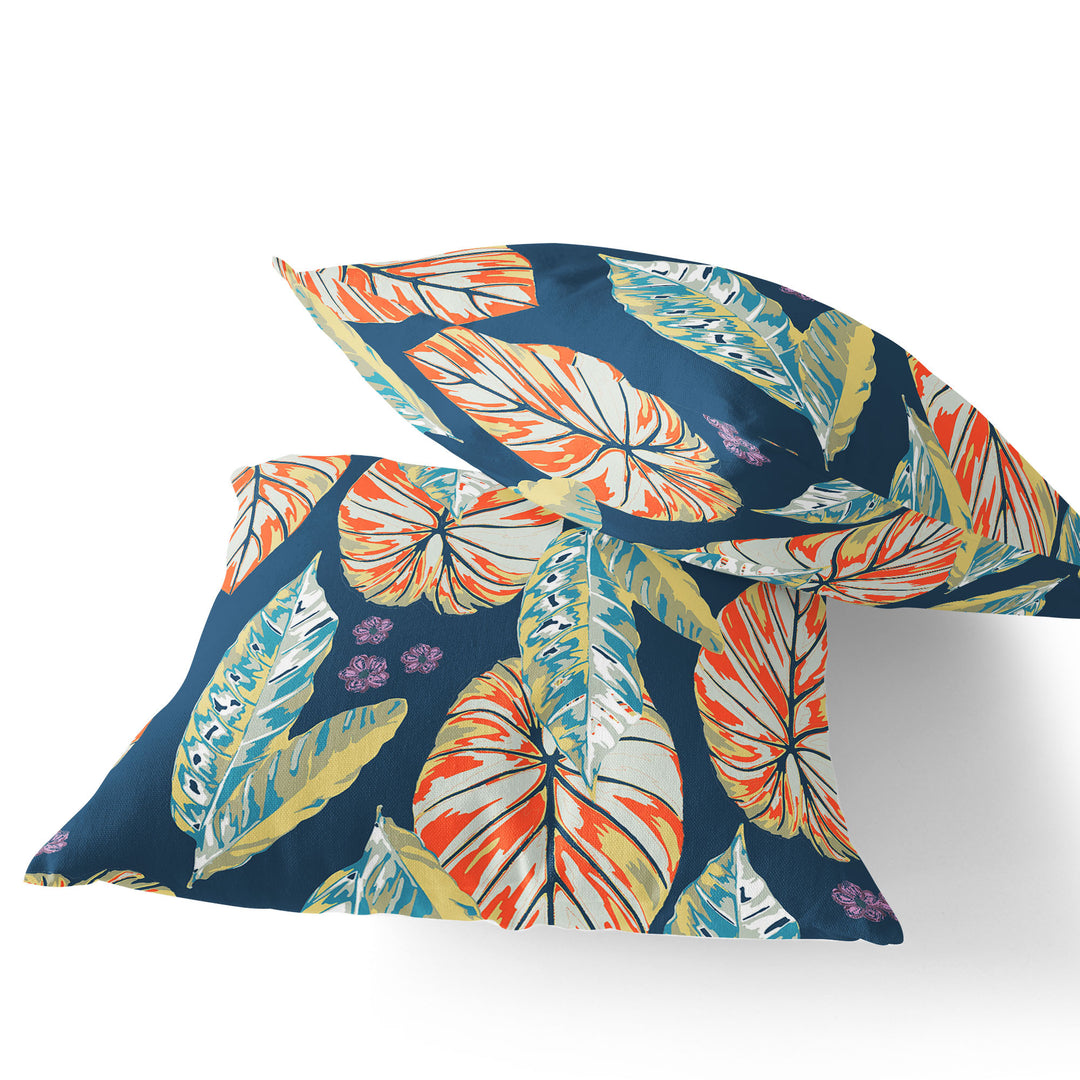 Set of Two 16" X 16" Blue and Orange Blown Seam Botanical Indoor Outdoor Throw Pillow