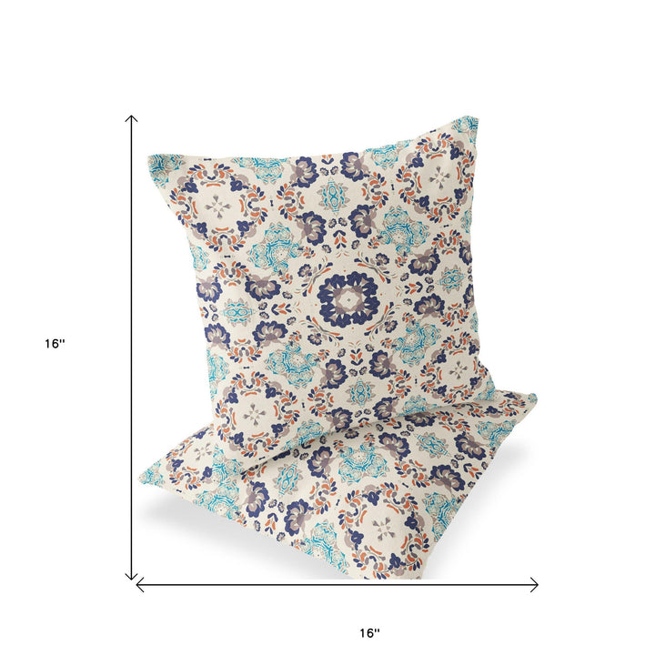 Set of Two 16" X 16" Blue and Off White Blown Seam Floral Indoor Outdoor Throw Pillow